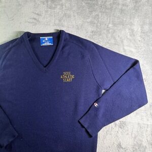 Vintage Champion V-Neck Arcylic Sweater Mens Med Navy SCCC Dept Blue USA Made